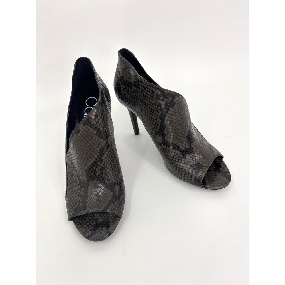 Calvin Klein Nastassia Snake Print Ankle Bootie Open Toe Heels Gray 7.5